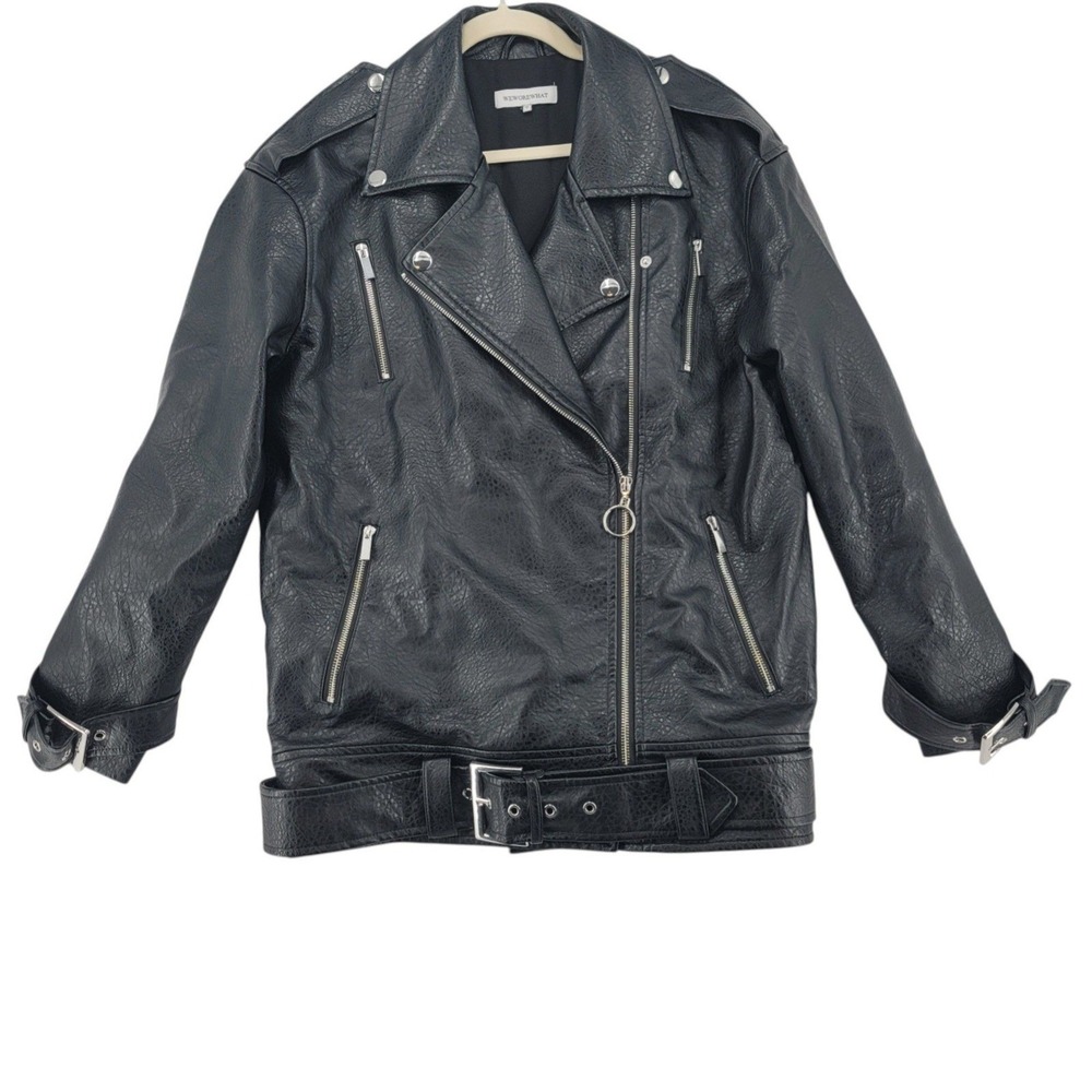WeWoreWhat Womens XS Moto Jacket Black Faux Leather Biker Cropped Zip Belted